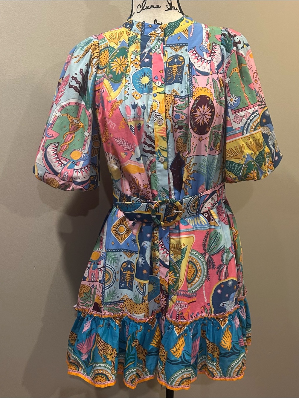 J.Marie Sloane Printed Button Up Puff Sleeve Belted Mini Dress
